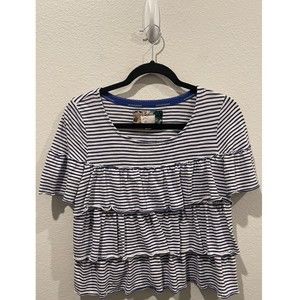 POSTAGE STAMP Striped Ruffle Short Sleeve White Blue Blouse
